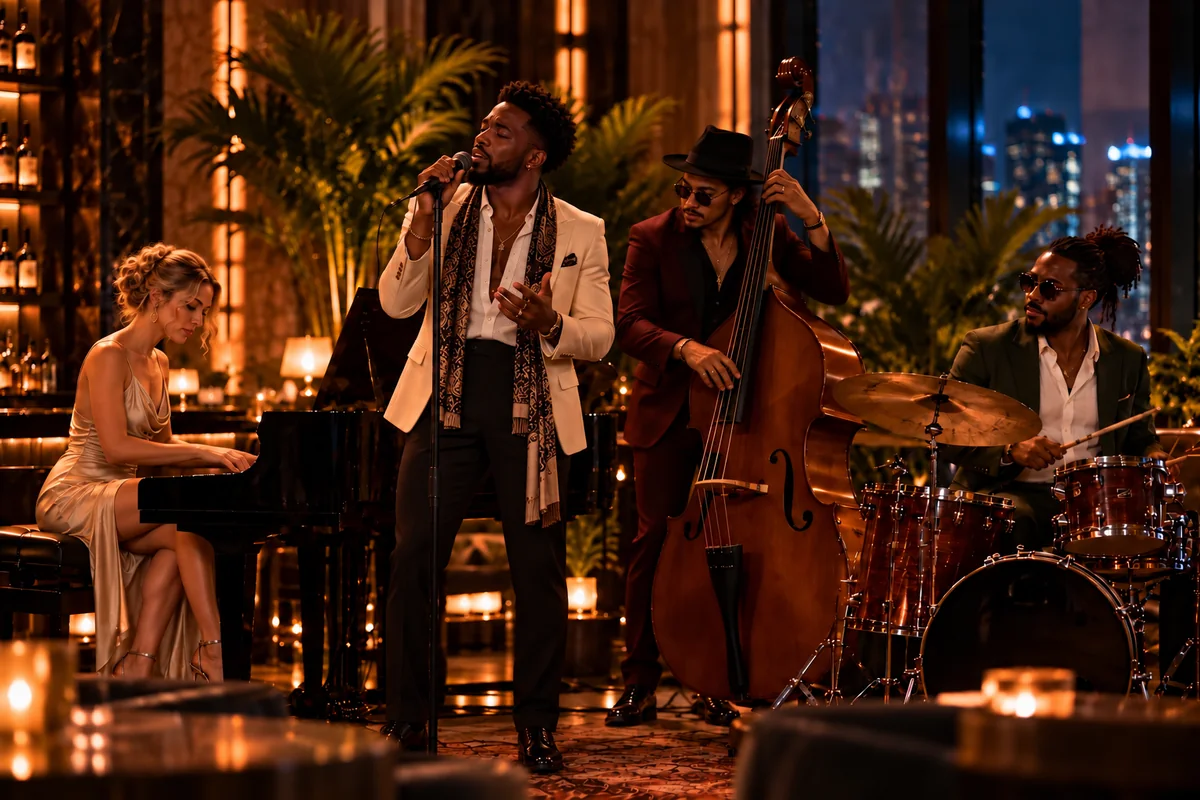 Conceptual closer view of the acoustic soul quartet with a male vocalist, pianist, upright bass player and drummer.