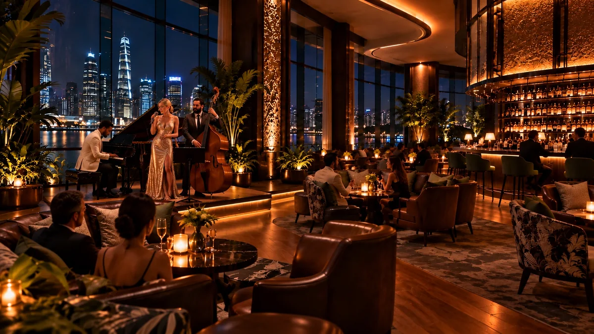 Conceptual wide view of the same jazz vocal trio, with piano and upright double bass, within the hotel lounge.