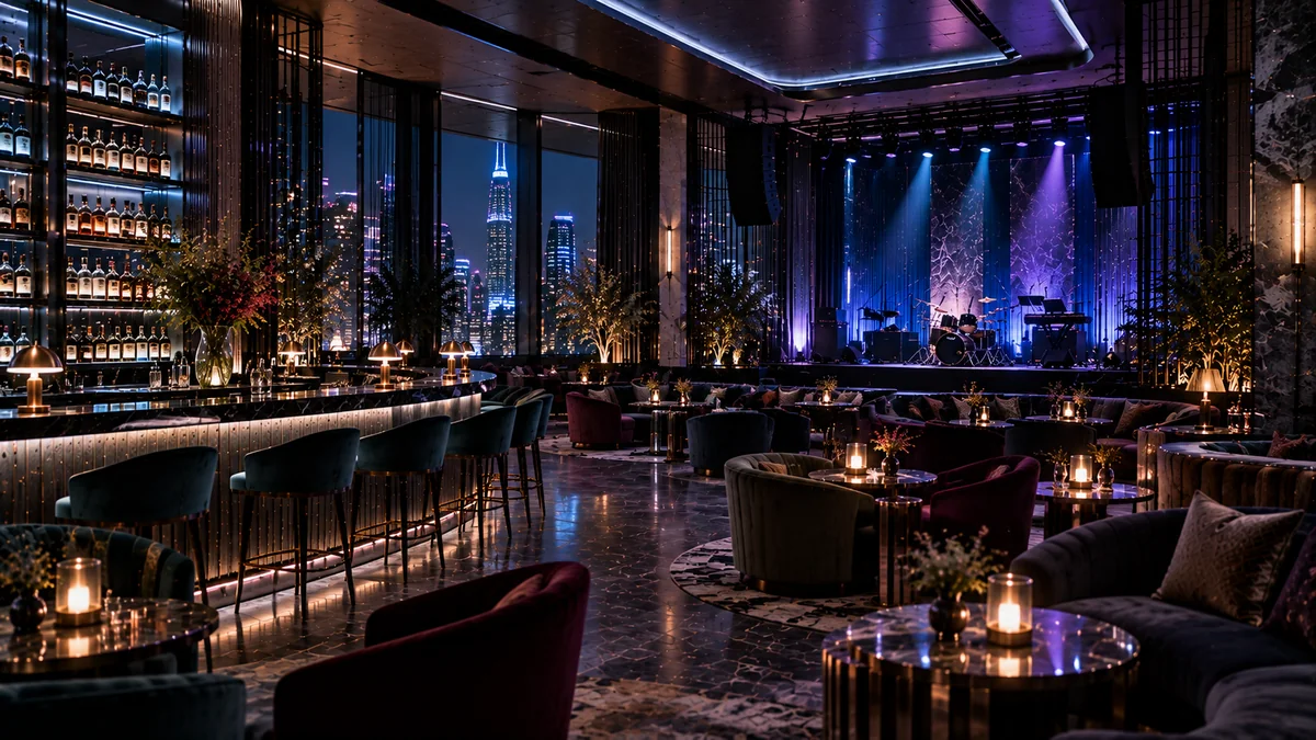 Conceptual destination live-music venue with a central stage, dining tables and an atmospheric bar.