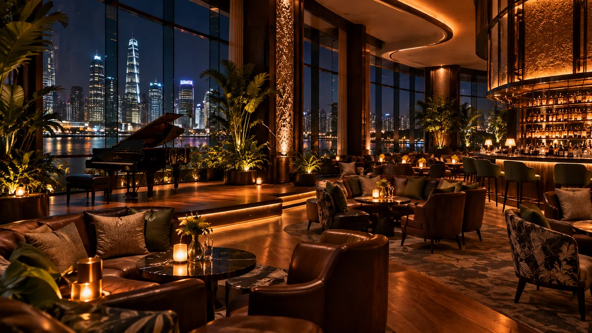 Conceptual luxury hotel lounge with warm lighting, conversation seating and a grand piano beside the windows.
